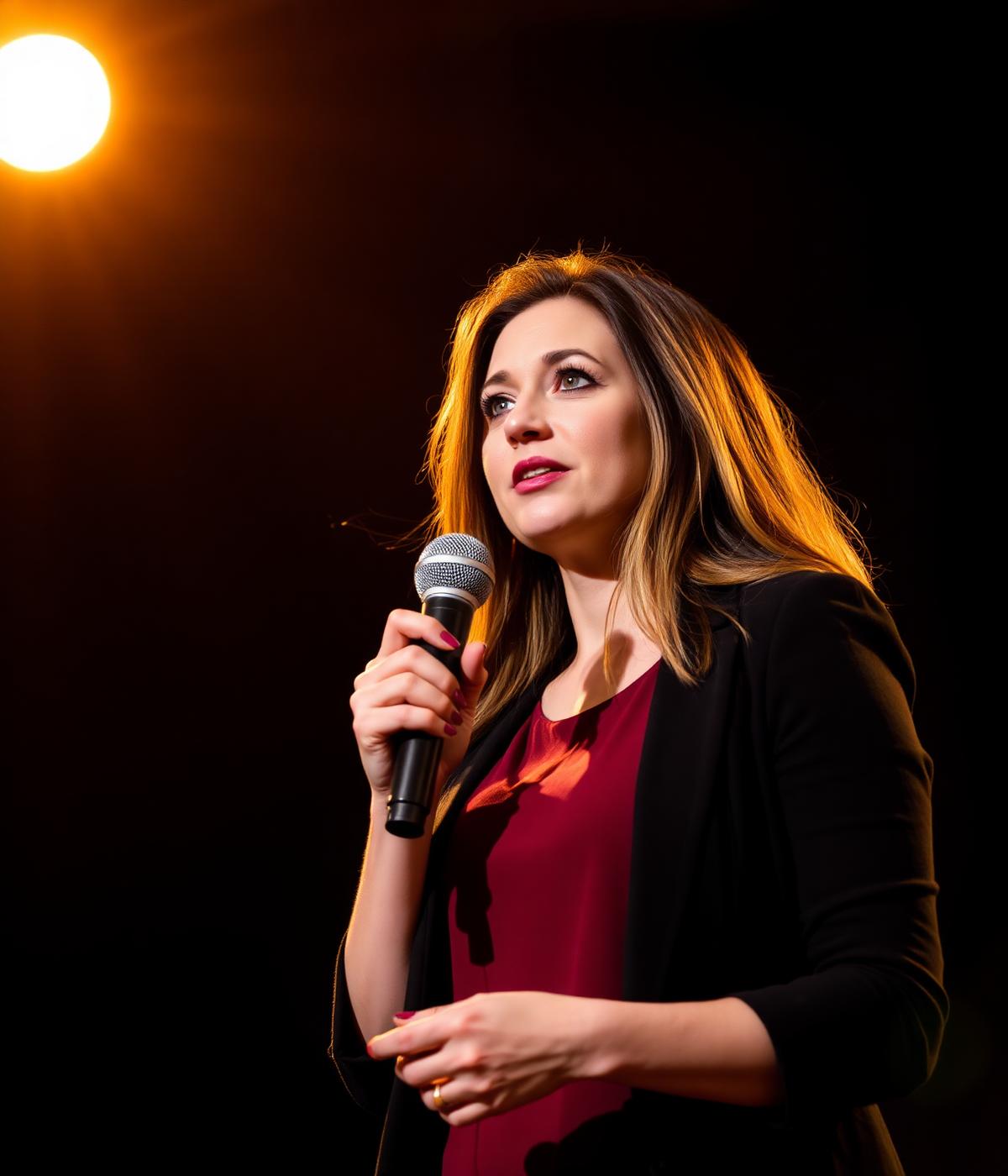 Confident speaker on stage under a warm spotlight